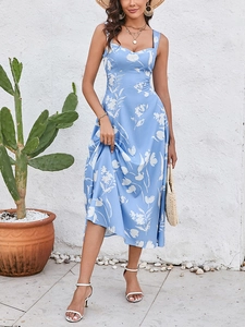Light blue floral midi dress featuring a square neckline, cowl neck, and elegant A-line cut