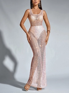 Detailed view of champagne pink mesh dress with shimmering sequins and inner lining set
