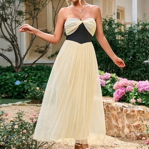 Sexy Vestido Maxi de Malla Patchwork Sin Tirantes Mujeres Color Contraste Cintura Alta Plisado Hada Fiesta Largo Verano