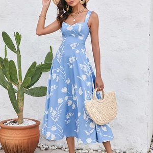 Women's Sexy Sky Blue Floral Cowl Neck Sling Maxi Dress Backless Slim Fit A-Line Summer Vacation Long Dress