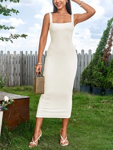 Close-up of white ribbed knit fabric on a slim fit square neck sleeveless maxi dress