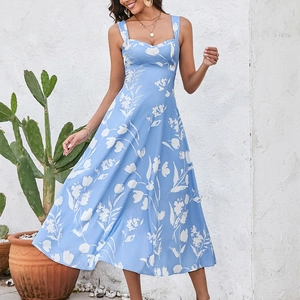 Floral print sleeveless midi dress in light blue with square neck and slim A-line fit