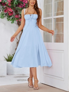 Detail of light blue fishtail dress featuring lace-up bust and slimming boned waist design