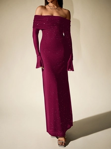 Detail of off-shoulder wine red gown with glittery fabric and ruffled flare sleeves