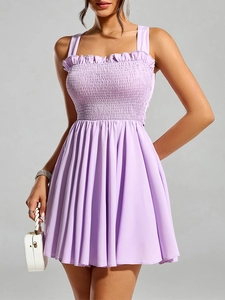 Detail of lavender dress with ruched elastic bodice and delicate ruffled neckline edges