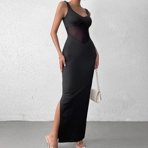 Sexy black sleeveless evening dress with mesh waist detail and high side slit
