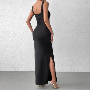 Elegant black sleeveless slim fit maxi dress with mesh panels and side slit for women