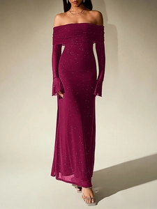 Detail of burgundy off-shoulder dress featuring glittering silver sequins and long sleeves