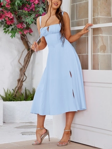 Detail of light blue strapless dress featuring lace-up bodice and high side slit design