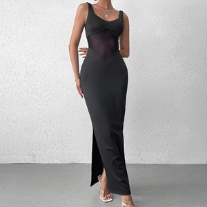 Sexy black sleeveless maxi dress with mesh waist cutout and side slit for parties