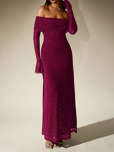 Detail of glittery wine red mesh fabric and elegant off-shoulder long sleeves design