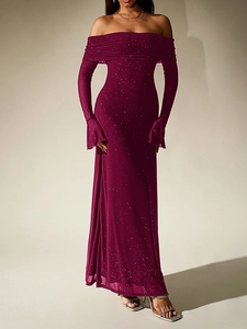 Detail of burgundy mesh dress with silver glitter, off-shoulder neckline, and flare sleeves
