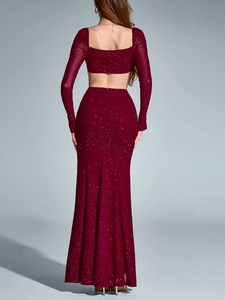 Macro detail of the sparkling burgundy mesh fabric on a sexy backless evening gown