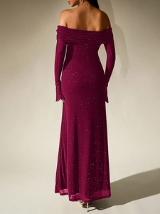 Rear view of long burgundy off-shoulder dress featuring shimmering silver sequins and maxi cut