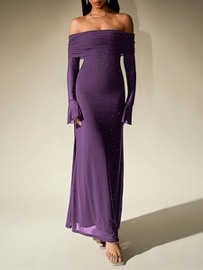 Detail of purple off-shoulder mesh maxi dress with silver glitter and flared long sleeves