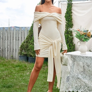 Women Sexy Off Shoulder Long Sleeve Ruched Mini Dress Elegant Apricot Draped Bodycon Party Night Club Pencil Dress
