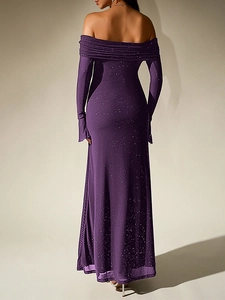 Detailed back view of purple off-shoulder mesh gown with silver glitter and flared sleeves