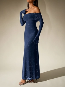 Detail of off-shoulder neckline and flared sleeves on navy mesh sequin dress