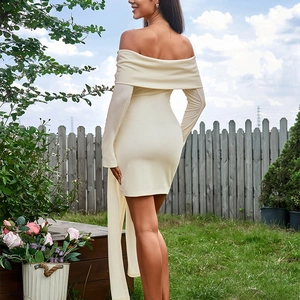Off-shoulder cream knitted long sleeve mini dress featuring rose pleated texture