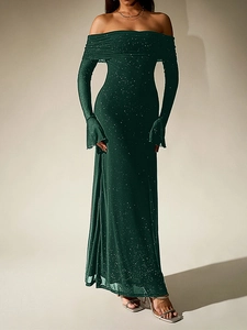 Detail of off-shoulder glitter maxi dress with bell sleeves and high slit in dark green