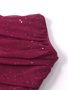 Detail of burgundy mesh dress featuring sparkly silver sequins and ruched fabric texture