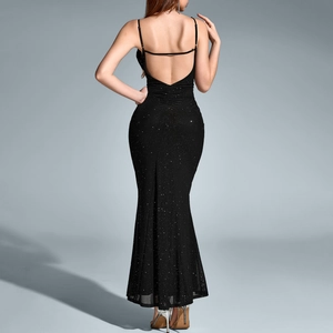 Robe de soirée sexy noire à paillettes avec col en V, dos nu et coupe sirène élégante