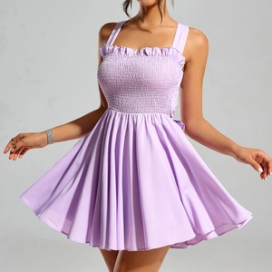 Women Sexy Lilac Smocked Backless Cami Mini Dress Ruffle Big Bow A-Line Party Summer Dress