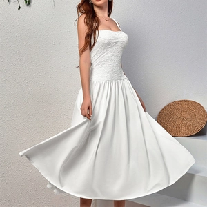 Women White Smocked Maxi Dress Tie Strap Backless A-Line Long Dress For Vacation Party Summer Sleeveless Dress