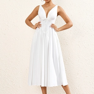 Robe longue sexy pour femmes blanche col en V sans manches dos nu corset baleines taille haute nœud plissé trapèze robe de soirée