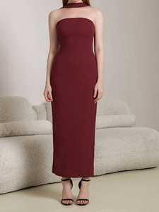 Detail of burgundy backless halter tube dress with sleek slim fit and elegant draping