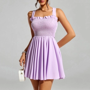 Sexy lilac smocked A-line dress with spaghetti straps and ruffle trim detailing