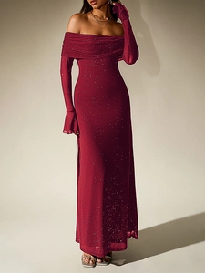 Detailed view of dark red off-shoulder mesh dress with shimmering silver sequins