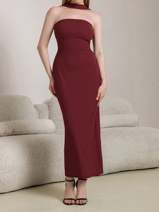 Detail of burgundy tube maxi dress featuring matching choker and elegant slim fit cut
