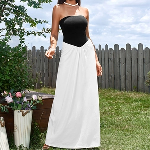 Women Sexy Colorblock Tube Top Maxi Dress Backless Patchwork Slim Fit Elegant Long Party Dress For Summer Vacation