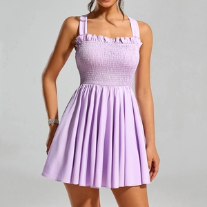 Lavender sleeveless smocked mini dress with ruffle trim and elasticated bodice