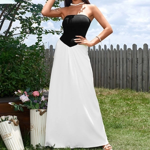 Elegant strapless long dress with black tube top and white high-waist maxi skirt