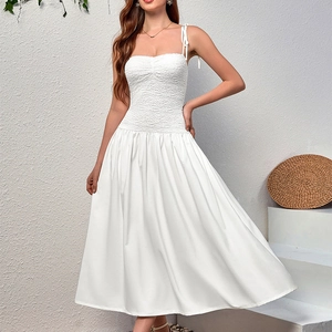 White smocked bodice midi dress with lace stitching and tie-up shoulder straps