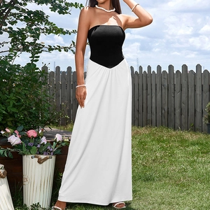 Elegant strapless black and white patchwork long dress with high waist V-cut design