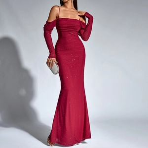 Robe Longue Sexy en Tulle Pailleté pour Femmes Dos Nu Manches Longues Moulante Coupe Sirène Froncée pour Mariage Fête Banquet