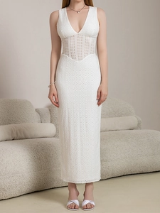 Detailed view of white knitted eyelet embroidery and lace cutout on the V-neck maxi dress