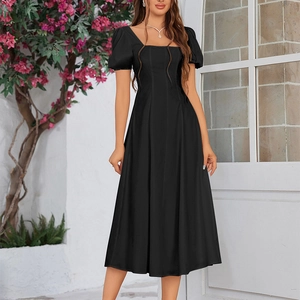 Elegant black square neck midi dress with puff sleeves and A-line silhouette