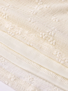 Macro detail of 3D lace floral fabric and high-quality sewing on this white shoulder dress