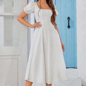Elegant white square neck A-line midi dress with puff sleeves and backless design