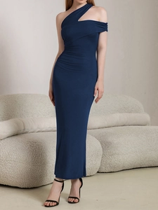 Detail view of navy blue one-shoulder long dress with hollow cut-out and slim fit design