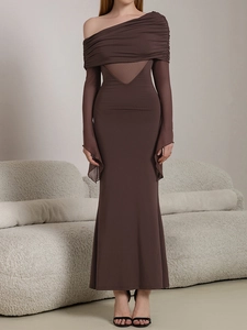 Detail view of brown off-shoulder dress featuring sheer mesh inserts and elegant ruching