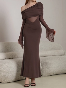 Detail of dark brown bodycon dress with sheer mesh V-panel and off-shoulder neckline