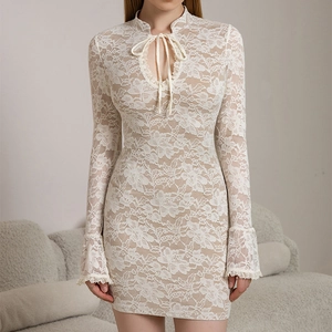 Women Sexy Apricot Lace Mini Dress Long Trumpet Sleeve Hollow Out Tie Front Floral Crochet Bodycon Short Dress Party Robe