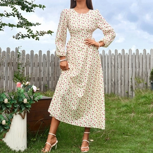 Robe Longue Romantique à Manches Longues Imprimé Floral Pour Femmes Col Rond Ligne A Taille Haute Élégante Vacances