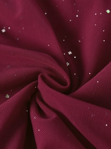 Detailed macro view of the dark red mesh fabric with shimmering silver sequins and textures