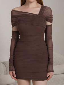 Detail of dark brown mesh ruched bodycon dress with matching separate long sleeves